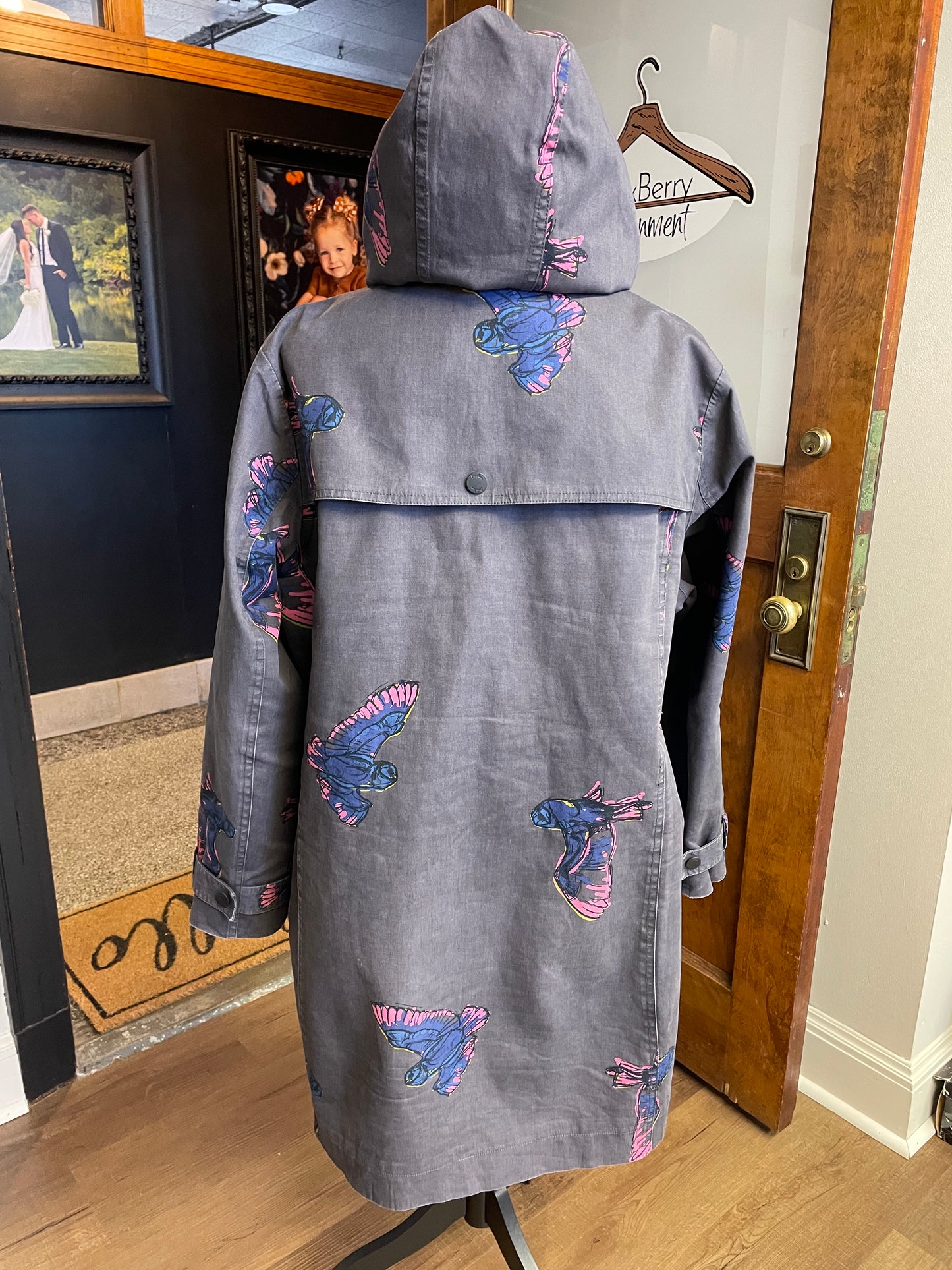 Boden Rainy Day Mac Coat Fleece Lined Bird Pattern (US 16)