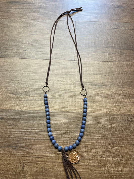 Blue Beaded Nickle Pendant Necklace with Leather Chain