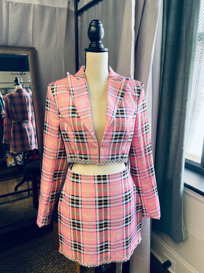 Main Strip Pink Plaid Skirt & Blazer (M)