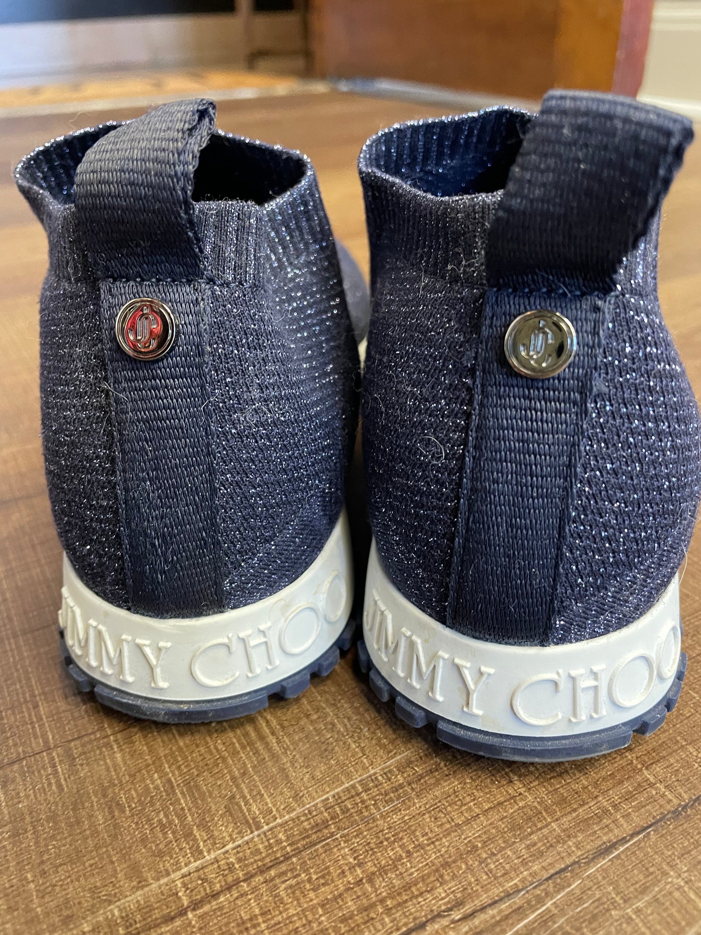 Jimmy Choo Navy Blue Glitter Fabric Low Top Trainer (10.5)