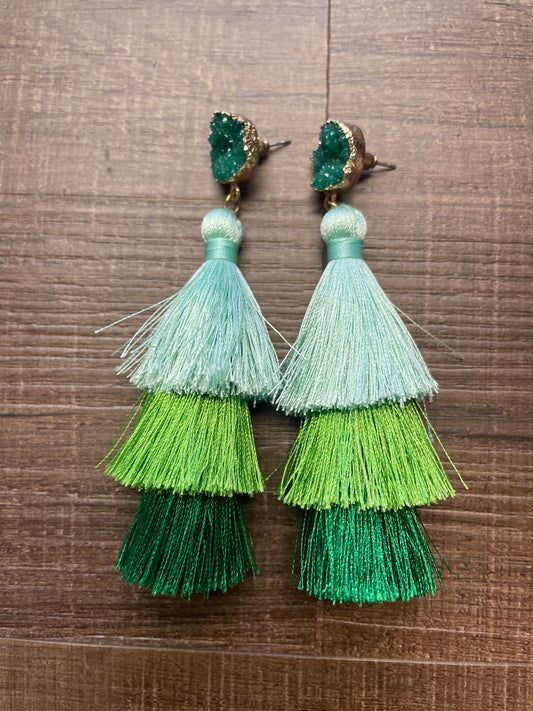 Emerald Gem Fringe Dangle Earrings